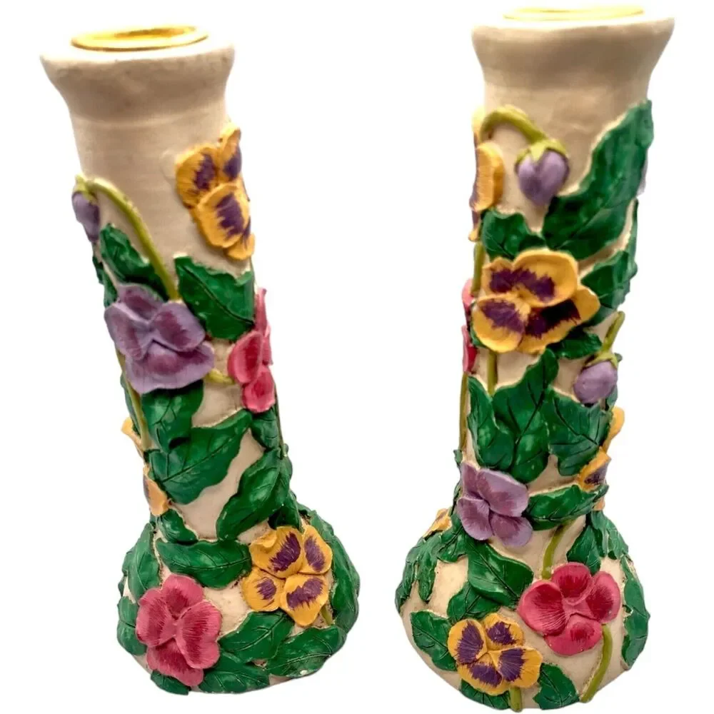 Vintage Floral Hand Painted Candle Holders 3D Resin & Brass Colorful 7" Flowers - Picture 10 of 10